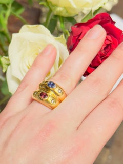 Vintage Manfrdi Twin Diamond Sapphire Ruby Ring 18 Karat Yellow And Rose Gold