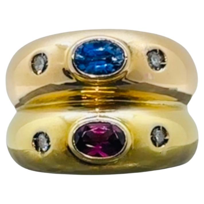 Vintage Manfrdi Twin Diamond Sapphire Ruby Ring 18 Karat Yellow And Rose Gold For Sale