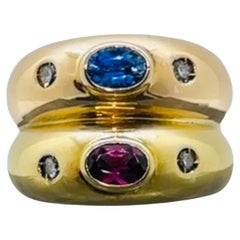 Vintage Manfrdi Twin Diamond Sapphire Ruby Ring 18 Karat Yellow And Rose Gold