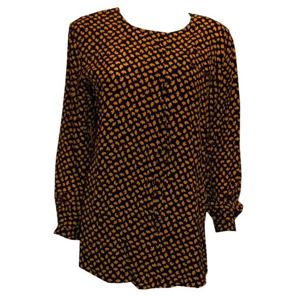 Vintage Mani Yellow  and Black Leaf Print Silk Blouse For Sale