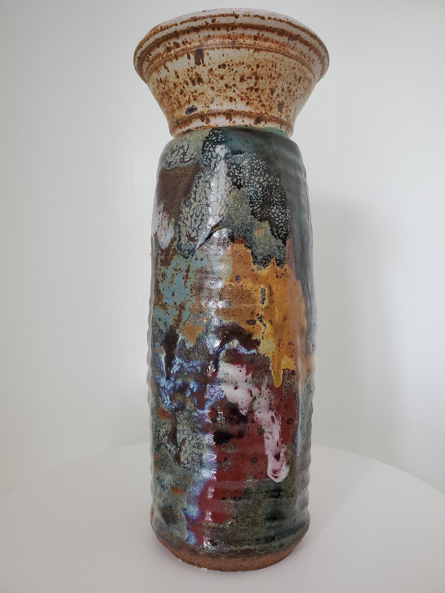 Mid Century Pottery Vase With Drip Glaze Signed Rhoads For Sale at 1stDibs