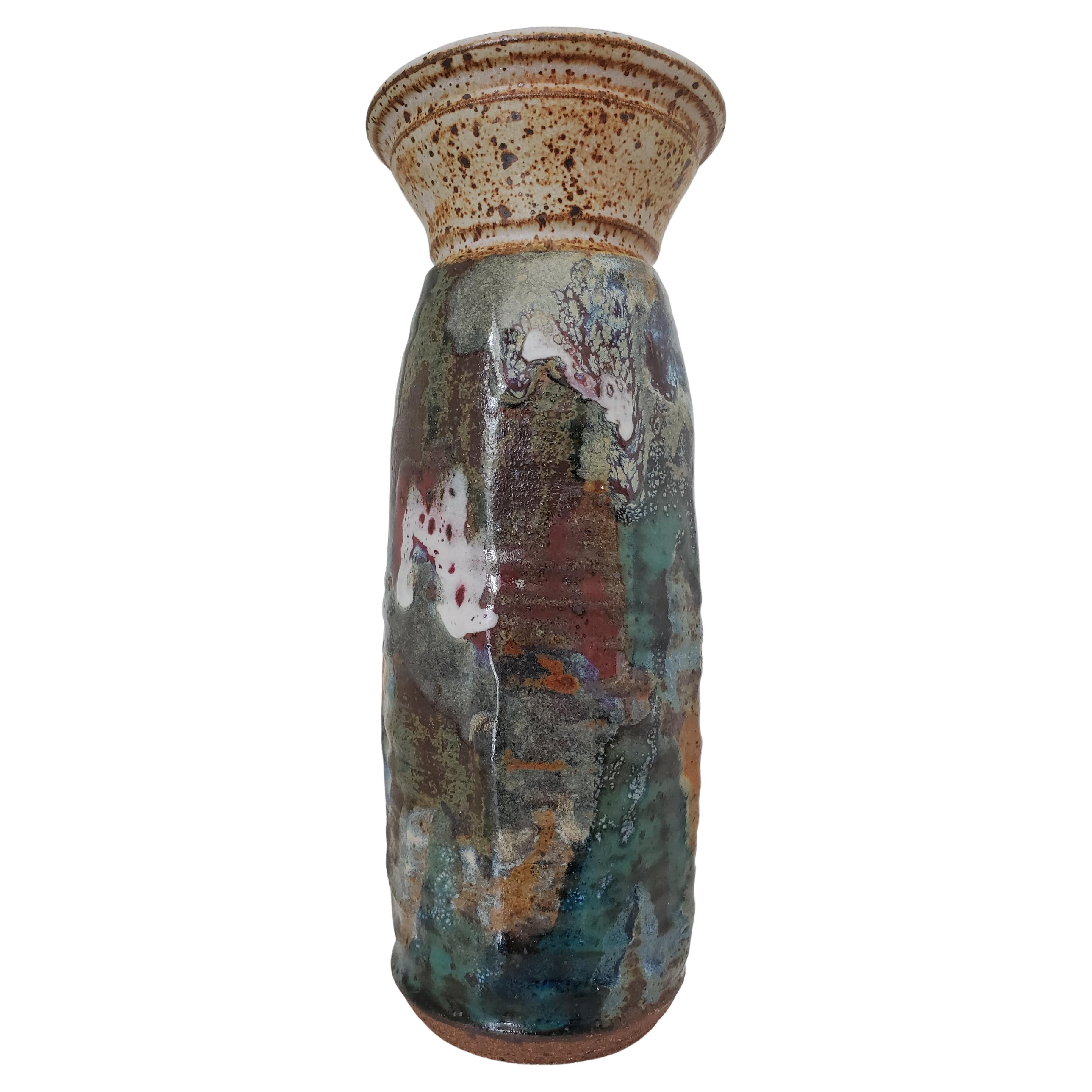 Mid Century Pottery Vase With Drip Glaze Signed Rhoads For Sale at 1stDibs