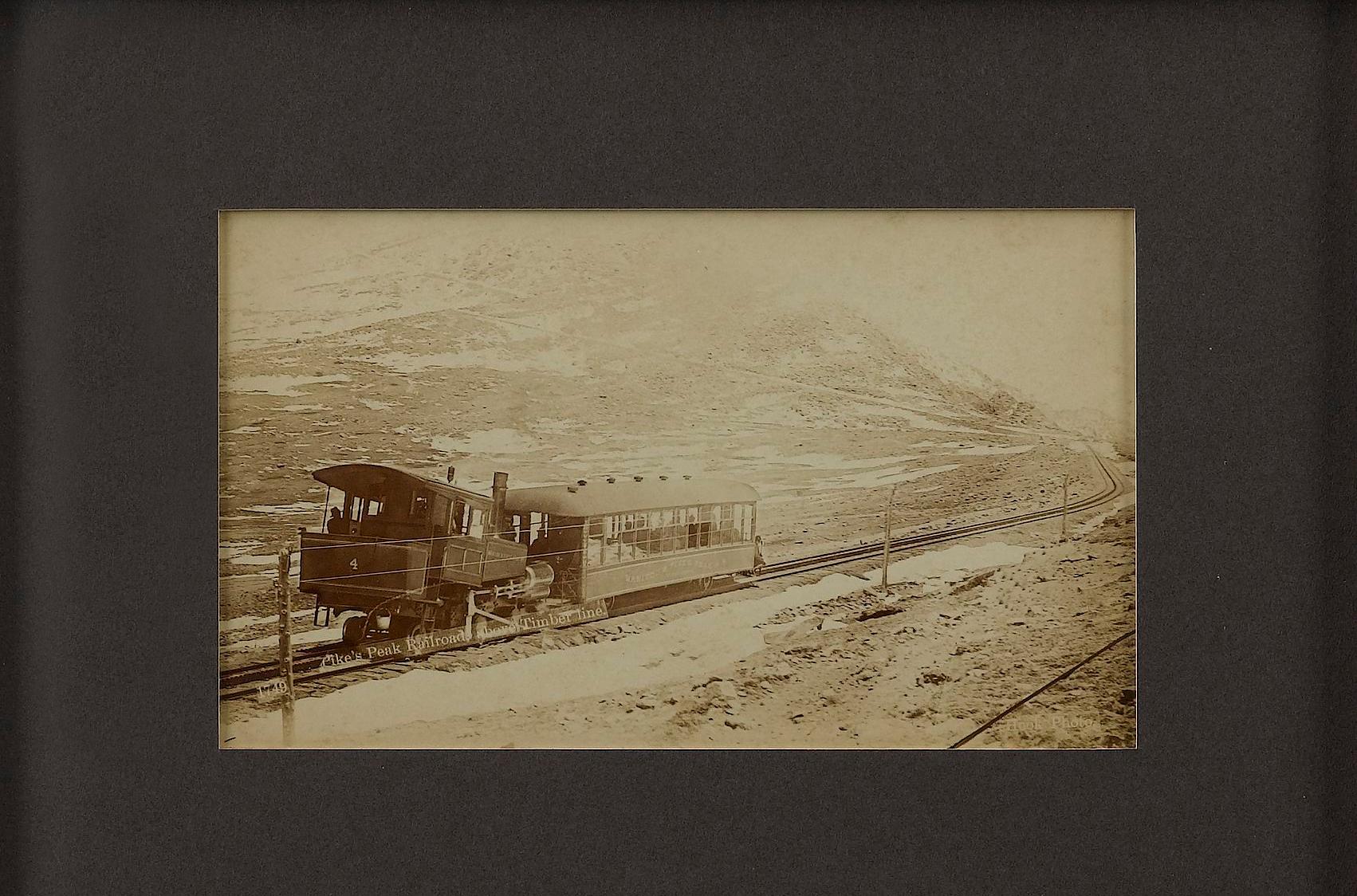Presented is a collage of three vintage cabinet card photographs of the Manitou and Pikes Peak Railway, in Colorado dating to the 1890s. The sepia toned photographs were published by W.E. Hook View, Stationery and Book Company. The photographs