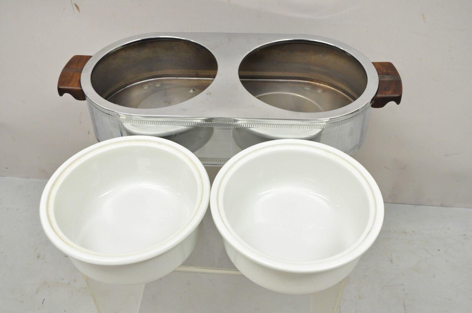 Vintage Manning, Bowman Art Deco Stainless Steel Double Warmer 2 Ceramic Dishes For Sale 3