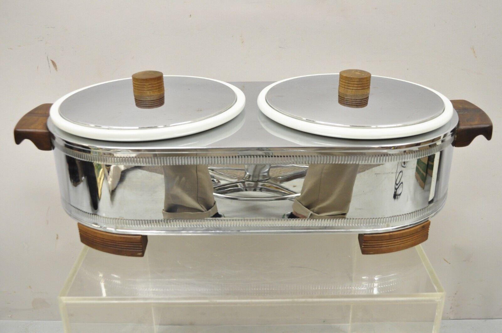 Vintage Manning, Bowman Art Deco Stainless Steel Double Warmer 2 Ceramic Dishes For Sale 4
