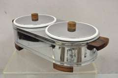 Vintage Manning, Bowman Art Deco Stainless Steel Double Warmer 2 Ceramic Dishes
