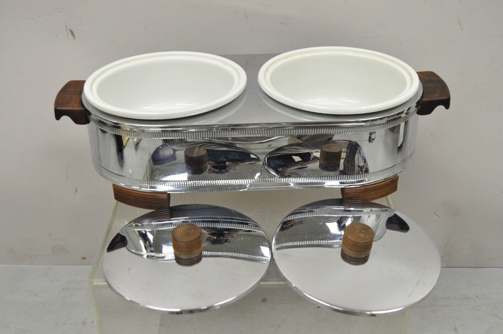 Art déco Vintage Manning, Bowmans Art Deco Stainless Steel Double Warmer 2 Ceramic Dishes en vente