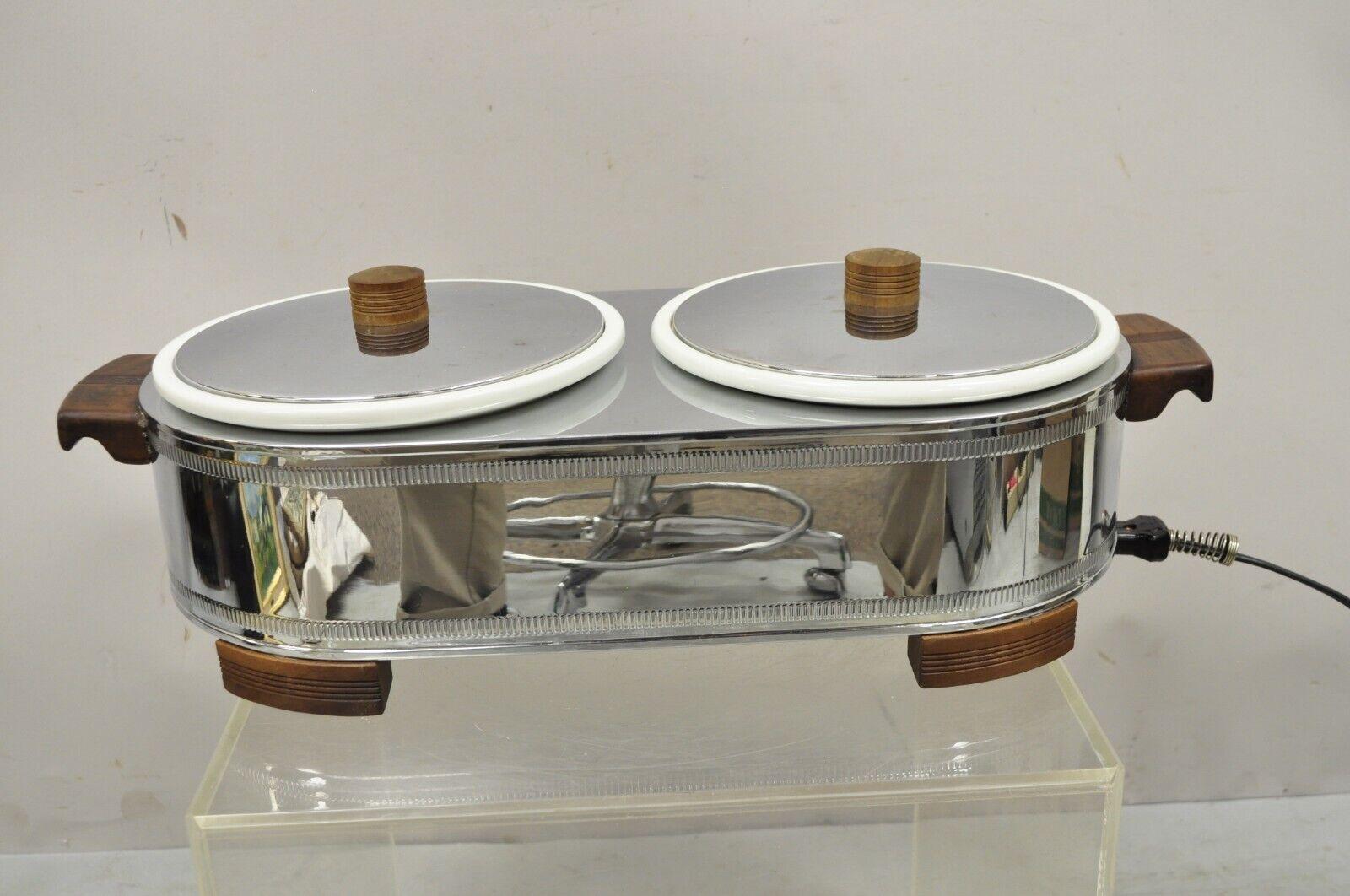 Vintage Manning, Bowman Art Deco Stainless Steel Double Warmer 2 Ceramic Dishes For Sale 1