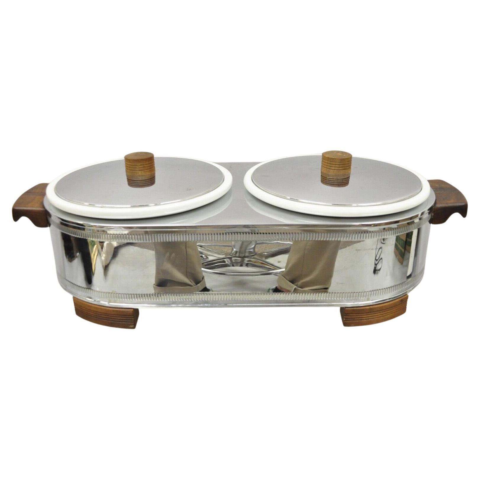 Vintage Manning, Bowman Art Deco Stainless Steel Double Warmer 2 Ceramic Dishes For Sale