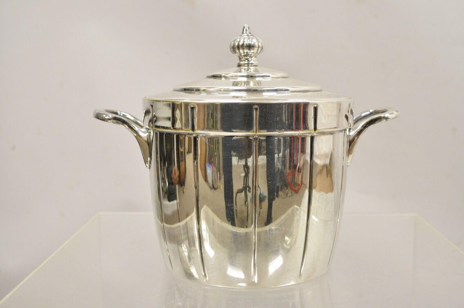 Vintage Manning-Bowman & Co Modern Silver Plated Lidded Ice Bucket with Glass Lined Interior. Circa Mid 20th Century. Measurements:  8.5