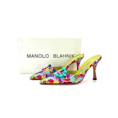 Vintage Manolo Blahnik Atomica Buckle Turquoise Beaded Pointed Toe Mules 36