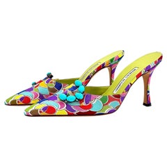 Vintage Manolo Blahnik Atomica Buckle Turquoise Beaded Pointed Toe Mules 36