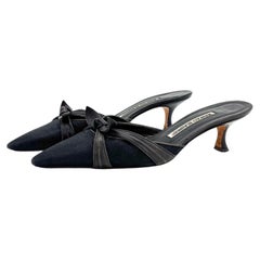 Vintage Manolo Blahnik Bow Kitten Heel Pointed Toe Mules Pumps 36.5