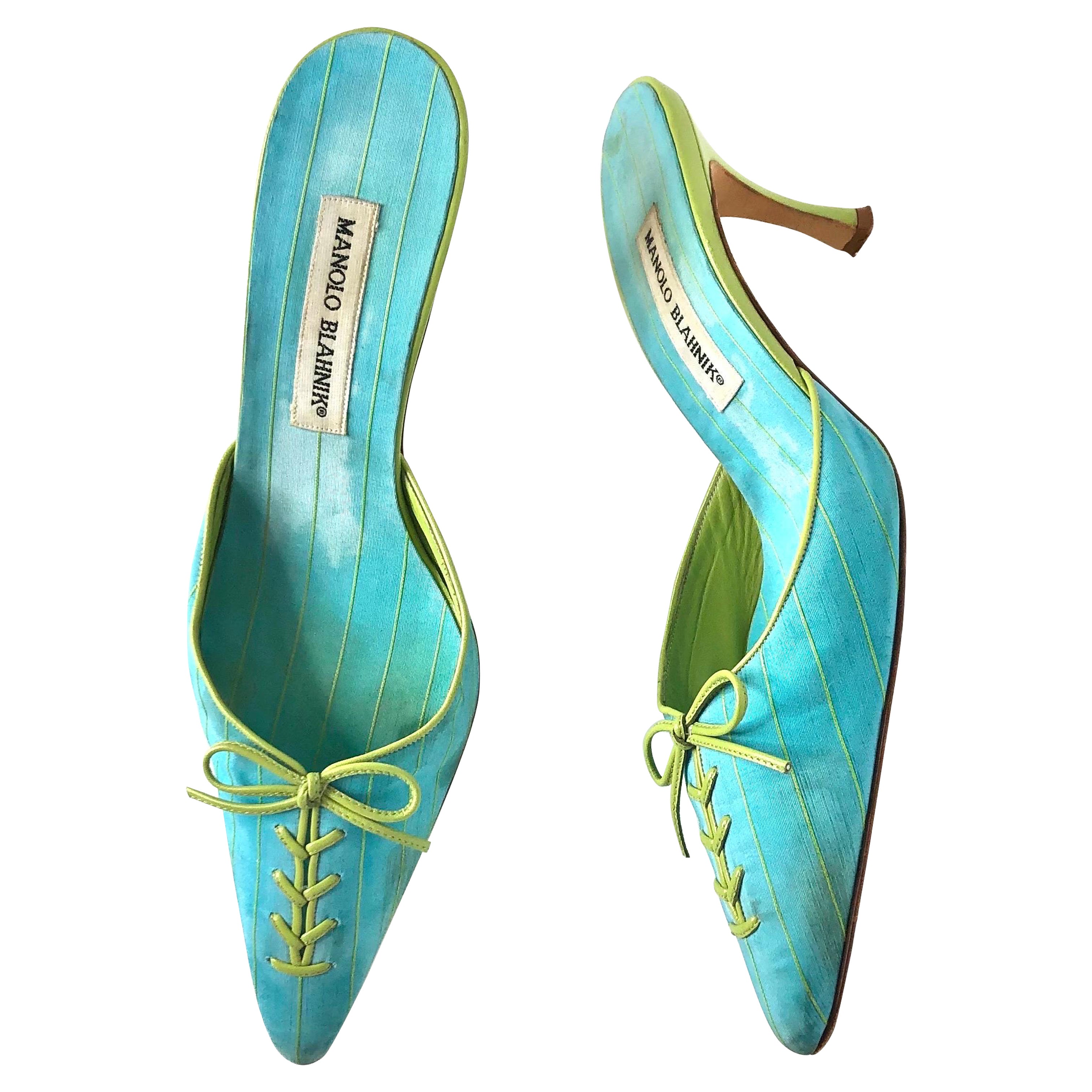 Vintage Manolo Blahnik Bow Lace Up Pinstripe Pointed Toe 39