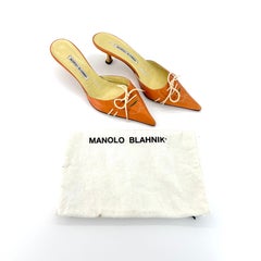Vintage Manolo Blahnik Bow Orange Pointed Toe Kitten Heel Slip On Mules 41