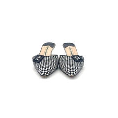 Vintage Manolo Blahnik Schnalle Houndstooth Pointed Toe Slip On Mules 37.5