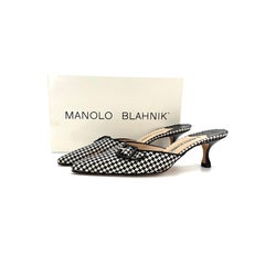 Vintage Manolo Blahnik Buckle Houndstooth Pointed Toe Slip On Mules 40
