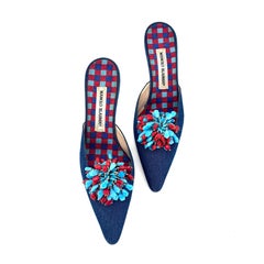 Vintage Manolo Blahnik Denim Beaded Pointed Toe Kitten Heel Mules 39