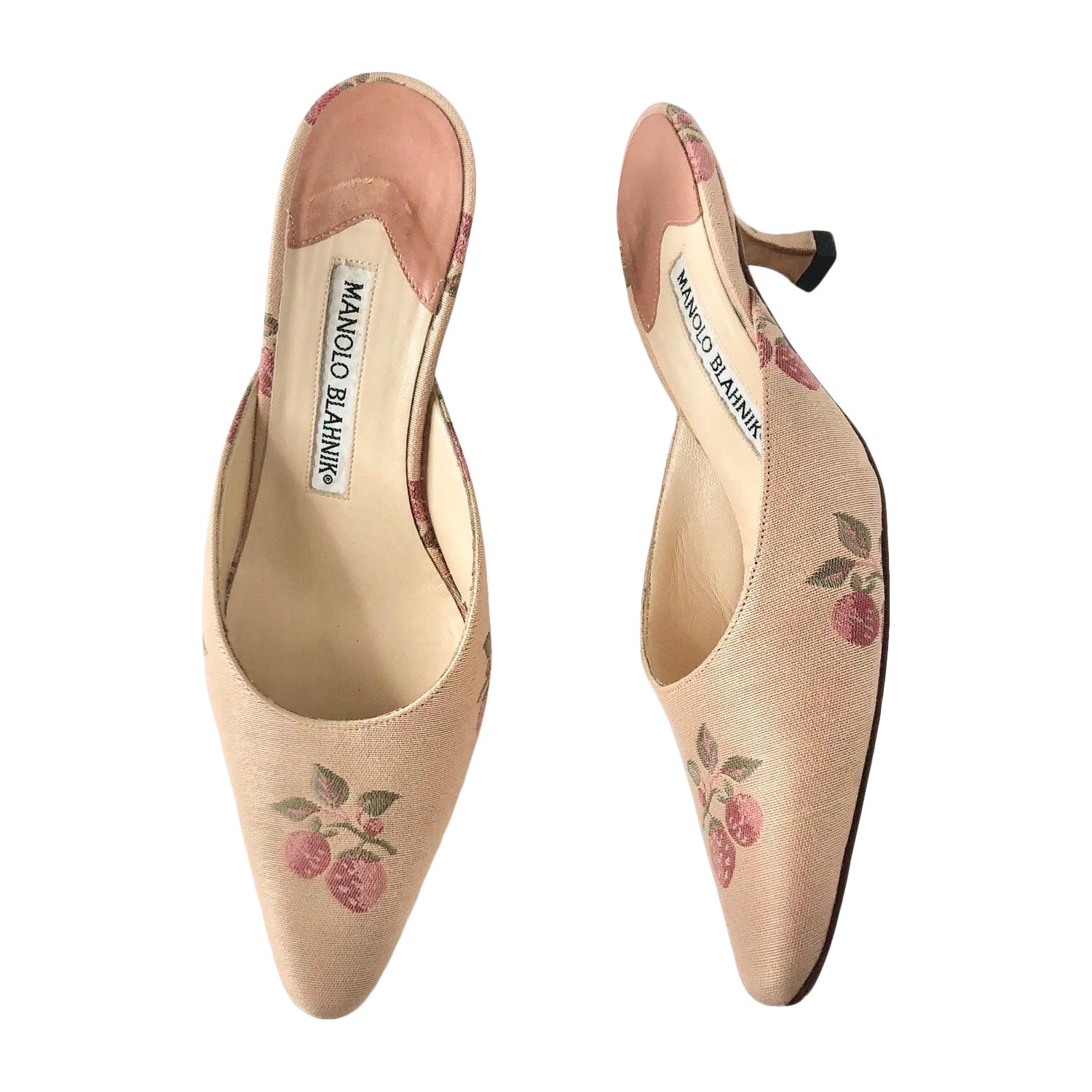 Vintage Manolo Blahnik Fruit Satin Pointed Toe Kitten Heel Mules Pumps 35