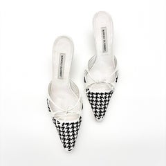 Vintage Manolo Blahnik Houndstooth Bow Pointed Toe Kitten Heel Mules Pumps 40.5