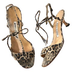 Vintage Manolo Blahnik Leopard Print Kitten Heel Strappy Lace Up Bow Sandals 37