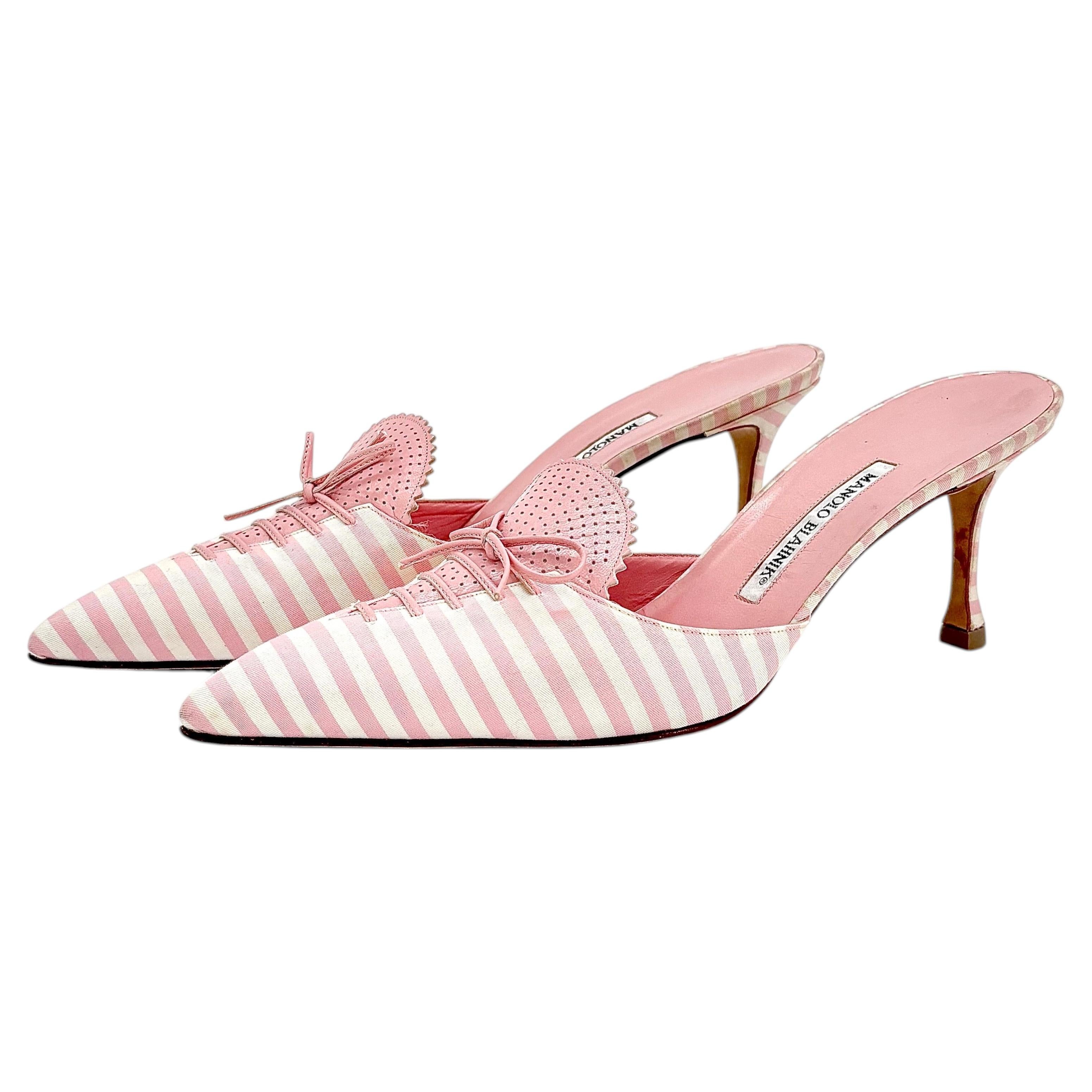 Vintage Manolo Blahnik Pink Striped Bow Lace Up Pointed Toe Mules Pumps 42