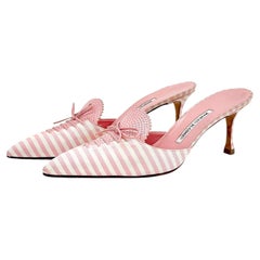 Vintage-Pumps von Manolo Blahnik mit rosa Streifen, Schleife und Schnürung, spitze Zehenpartie, Größe 42