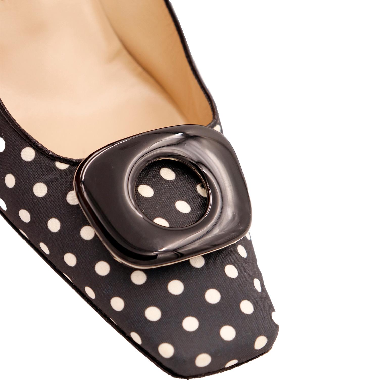 Women's Vintage Manolo Blahnik Shoes Black & White Polka Dot Pumps w Low Heels & Buckles For Sale