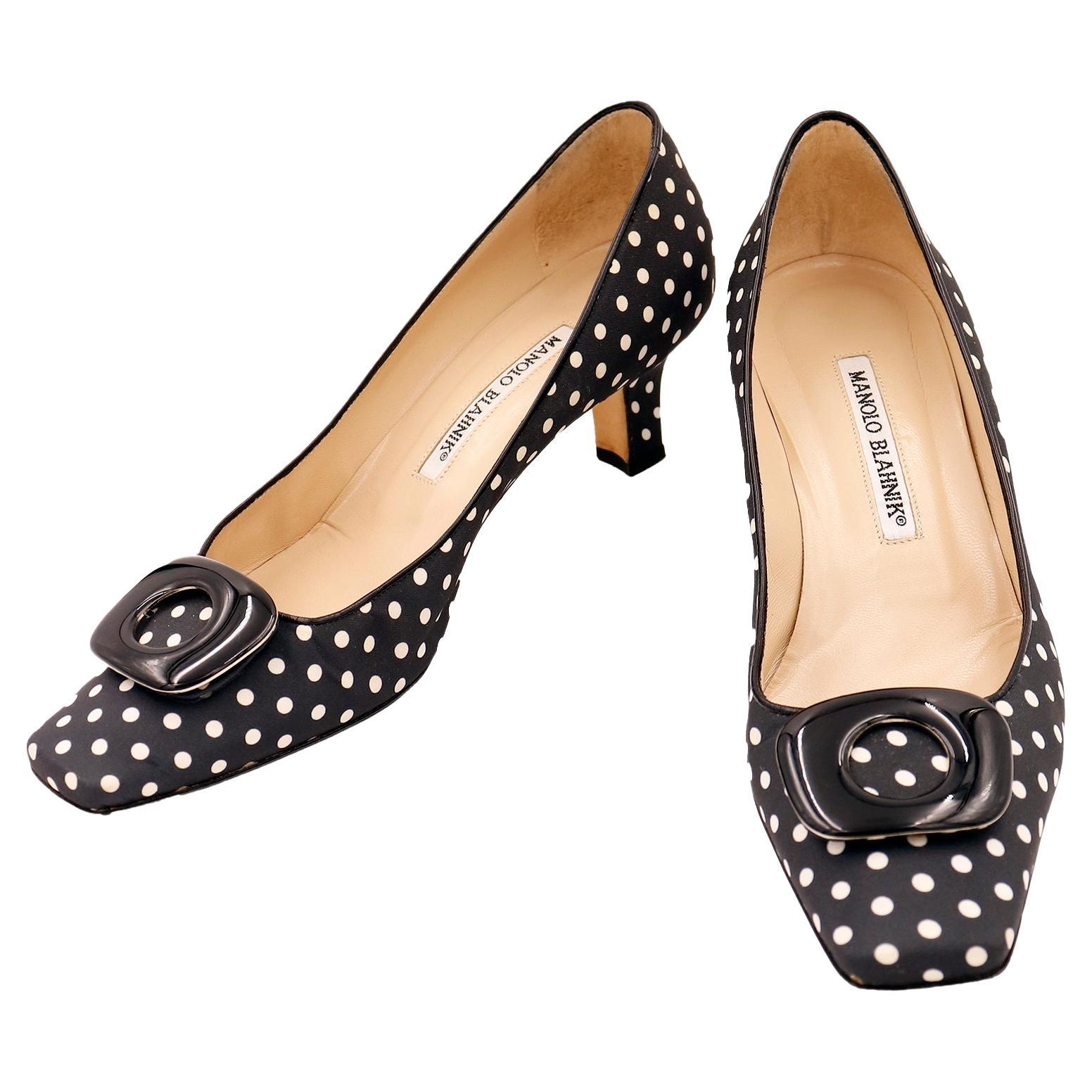 Vintage Manolo Blahnik Shoes Black & White Polka Dot Pumps w Low Heels & Buckles For Sale