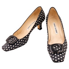 Vintage Manolo Blahnik Shoes Black & White Polka Dot Pumps w Low Heels & Buckles