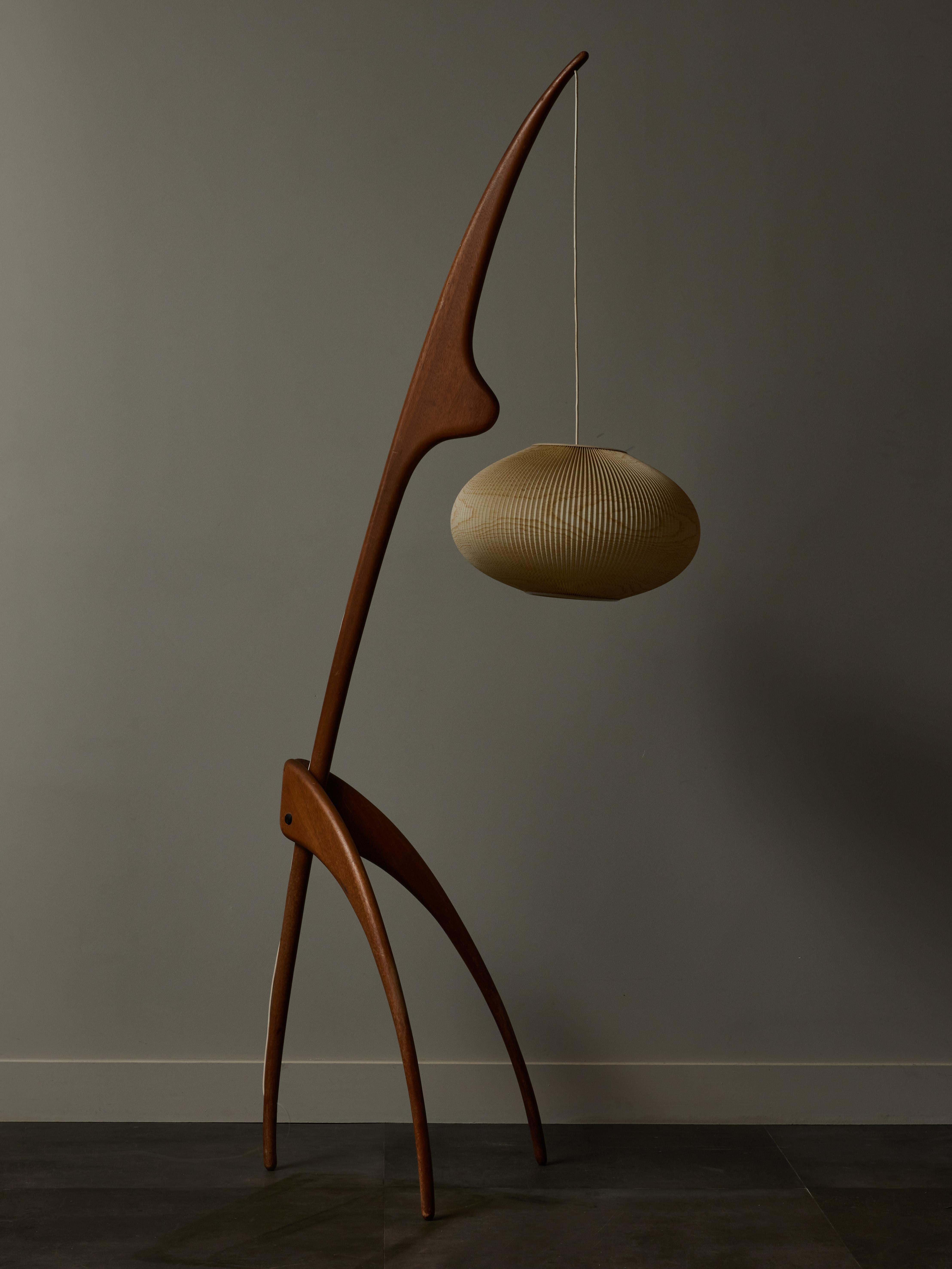 Mante Religieuse (praying mantis) floor lamp designed and produced by Jean Rispal in the 1950s, made of wood and a hanging cellulose acetate lampshade.

The lighting manufacturer RISPAL was a French lighting brand based in Paris and active from the