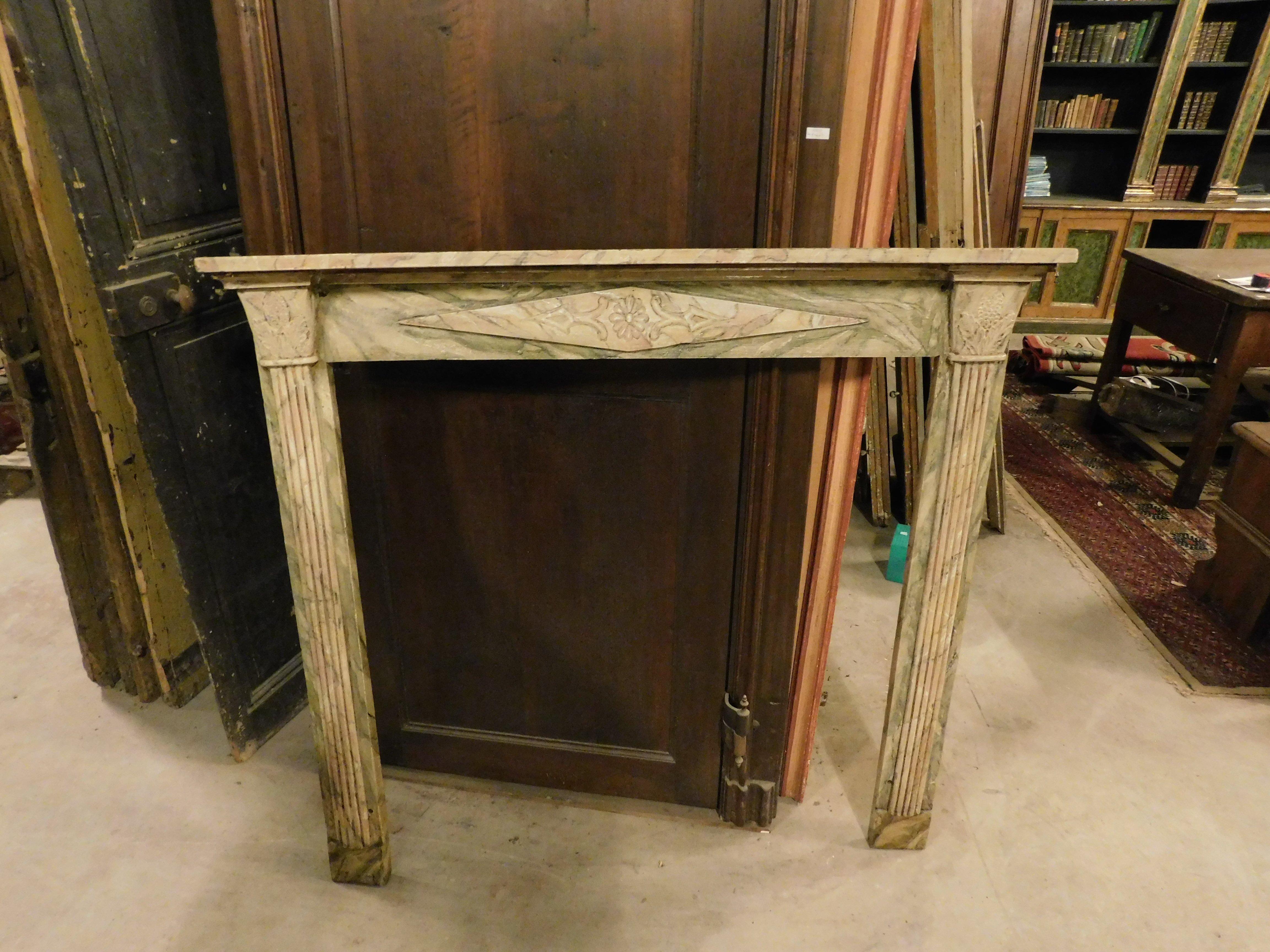 20th Century Vintage mantel fireplace, in faux marble lacquered and carved wood, Italy For Sale