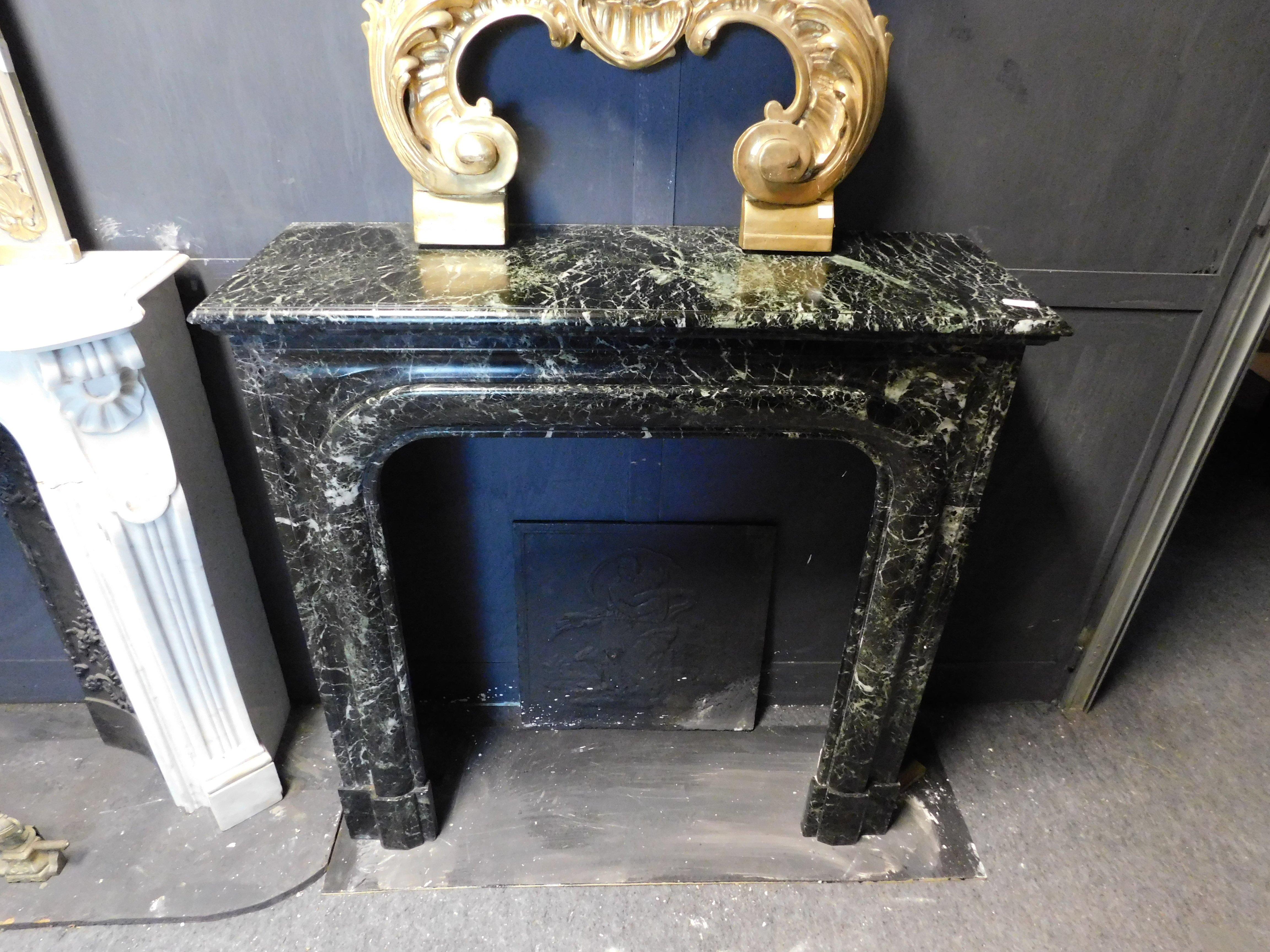Marble vintage mantel fireplace in verde Alpi marble, 1900s Italy For Sale