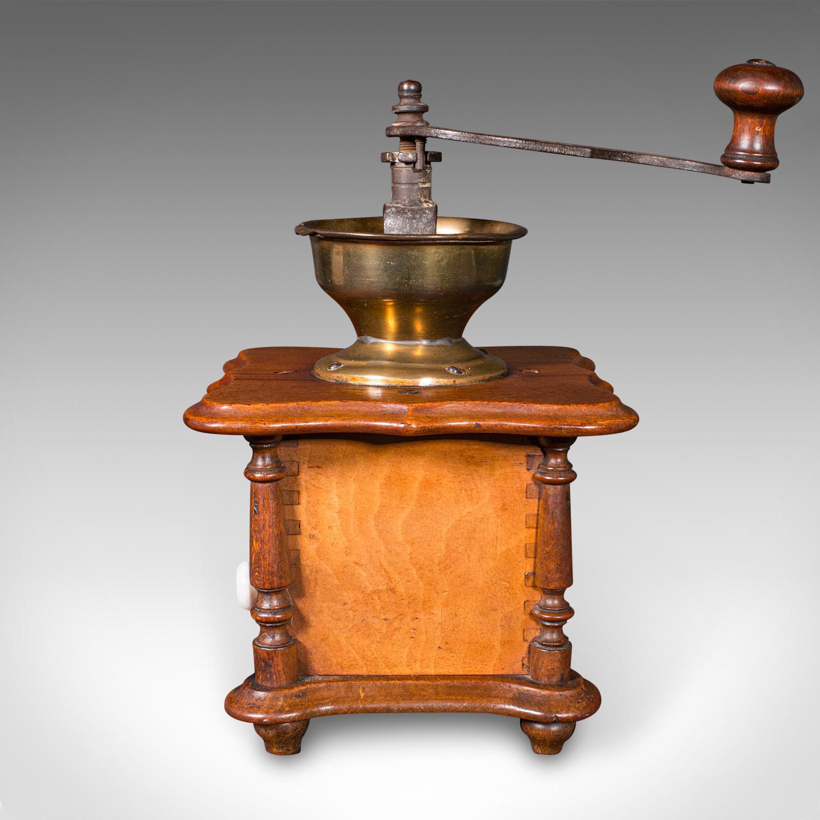 Brass Vintage Manual Coffee Grinder, German, Oak, Rotary Bean Mill, Art Deco, C.1930 For Sale