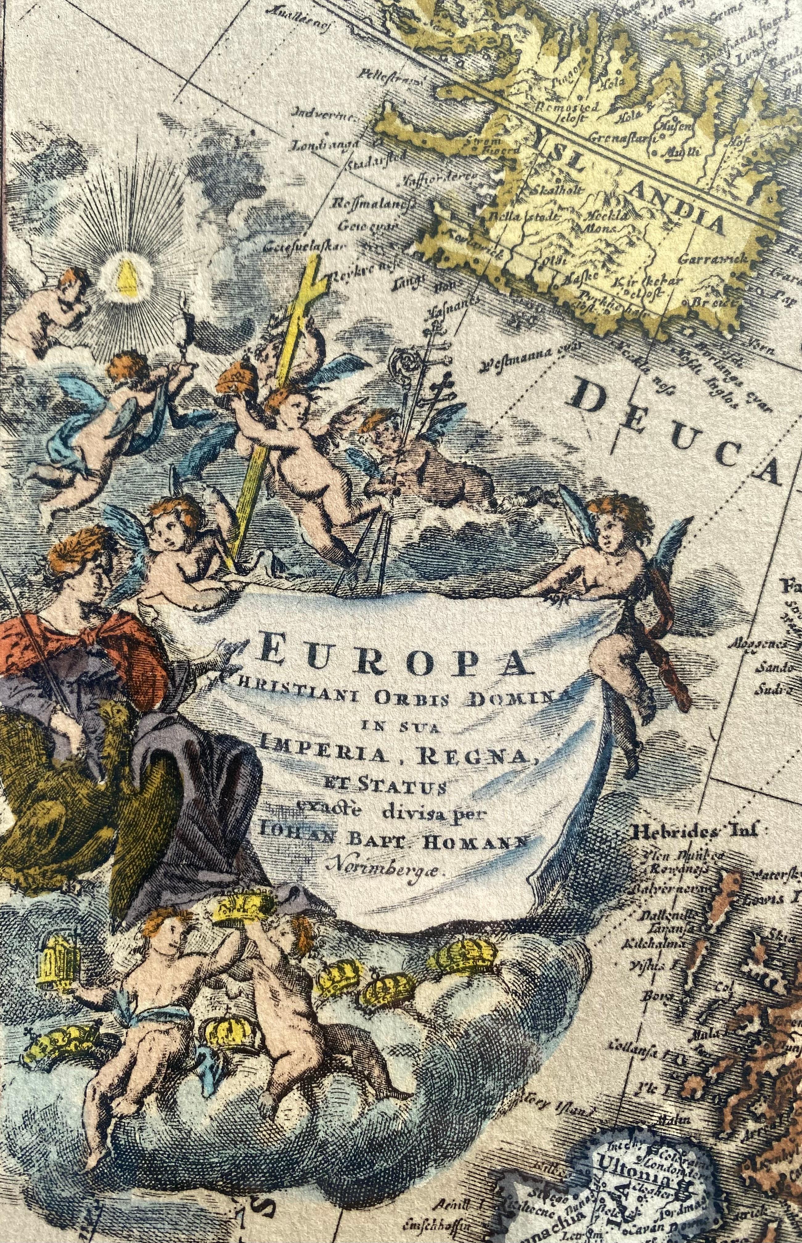 XXI secolo e contemporaneo Mappa d'Europa d'epoca con cornice in Wood Freijo e rosette in ottone in vendita