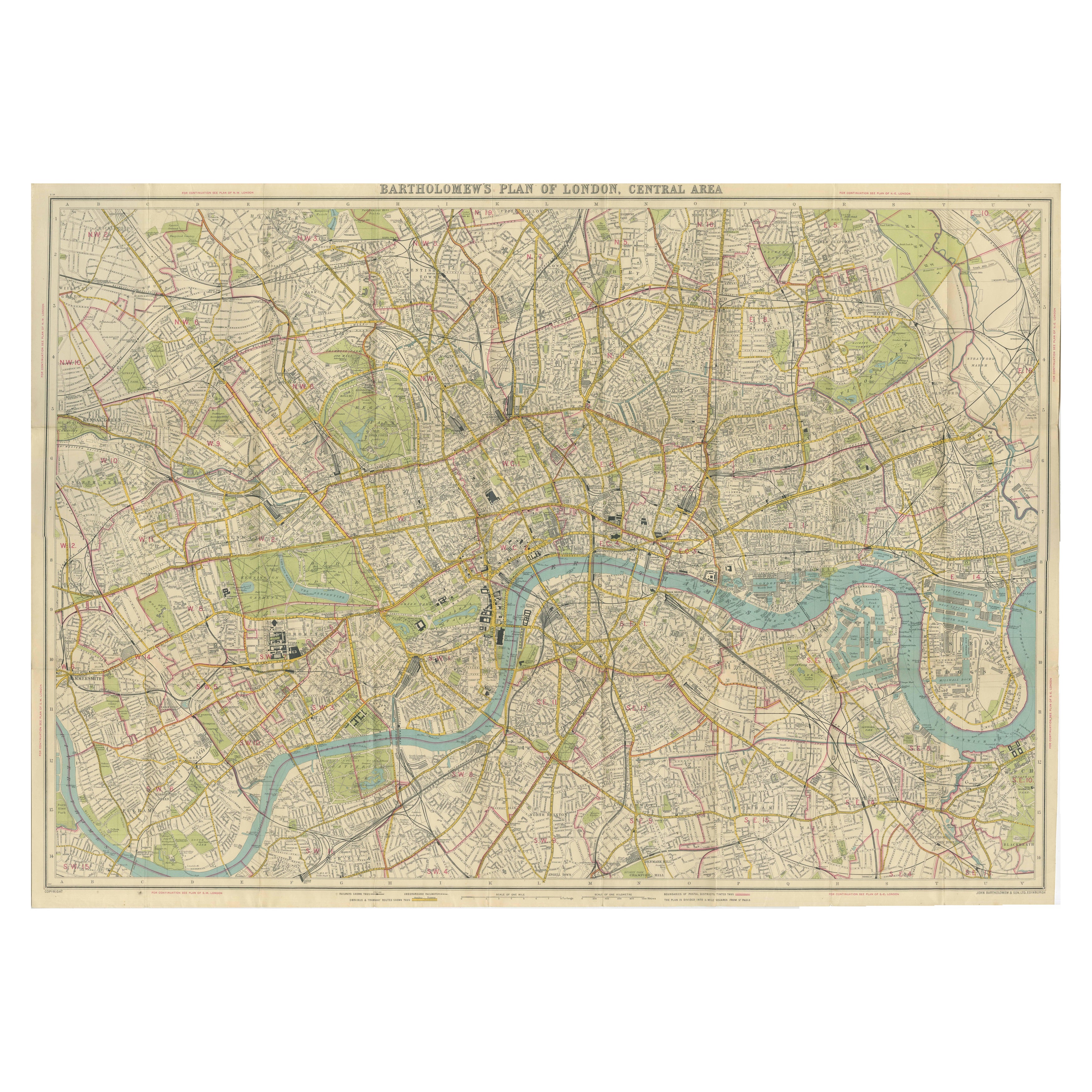 Vintage Map of London - Bartholomew's Plan of Central London, c.1929 en vente
