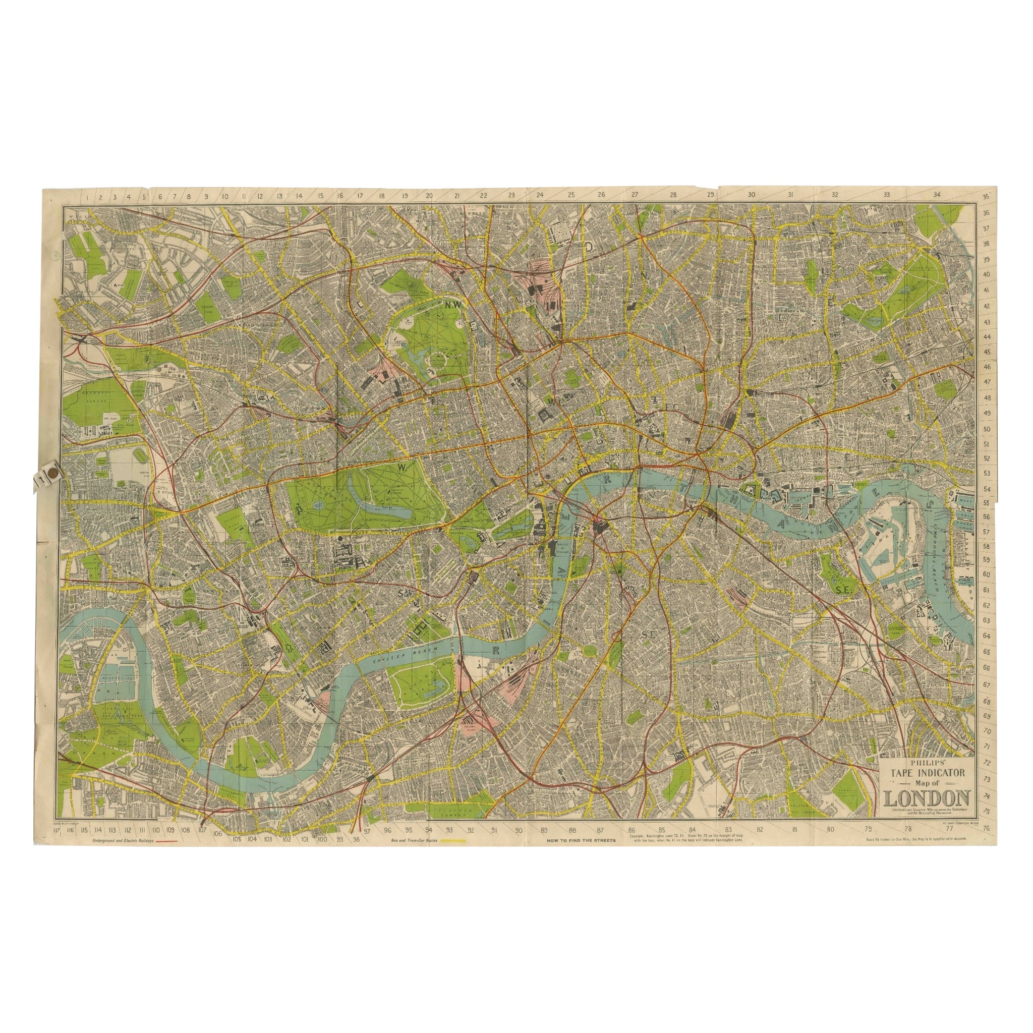 Vintage Map of London - Phillips' Tape Indicator Map of Central London, c.1930
