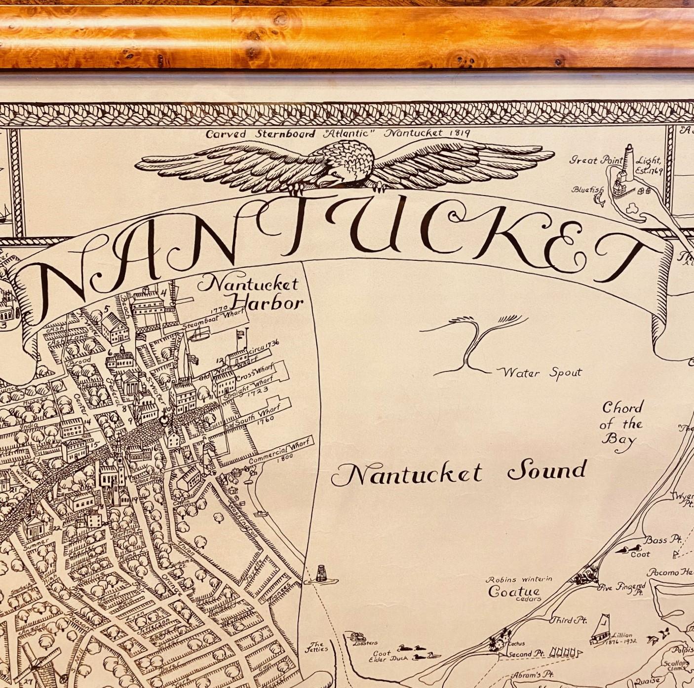 Vintage Map of Nantucket Town by Ruth Haviland Sutton, 1946, a classic vintage tourist map of Nantucket Island showing historic landmarks and geographic details along with decorative images, and featuring an enlargement of Nantucket Town with street