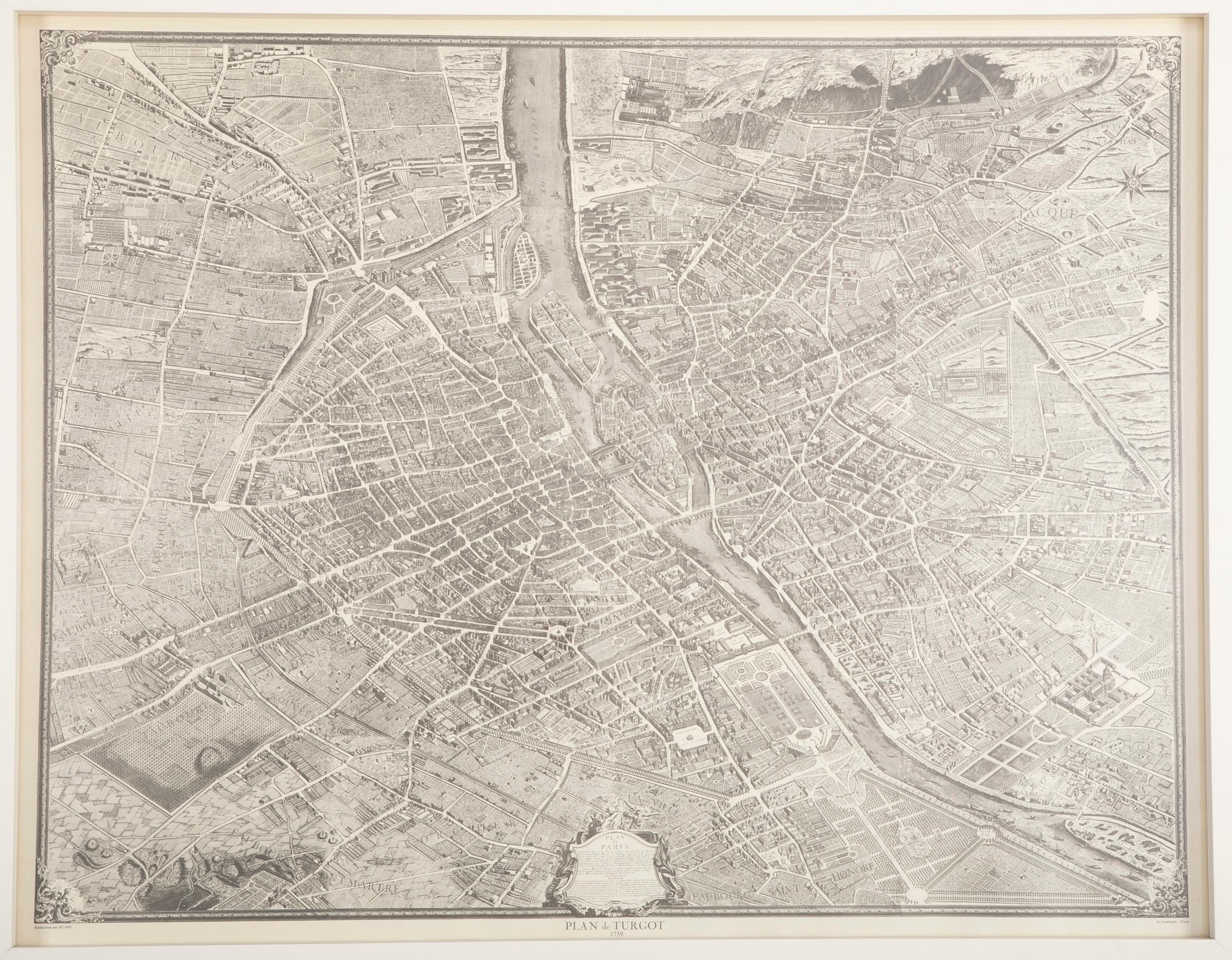 Vintage map of Paris after the original Turgot Plan of 1739 in white frame.