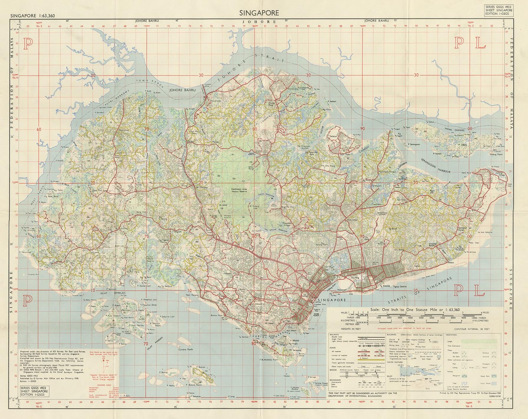 Vintage map titled 'Singapore'. This large folding map was published shortly after the U.K. Parliament passed the State of Singapore Act establishing the State of Singapore. Published by D Survey War Office and Air Ministry 1958. Edition I - GSGS.