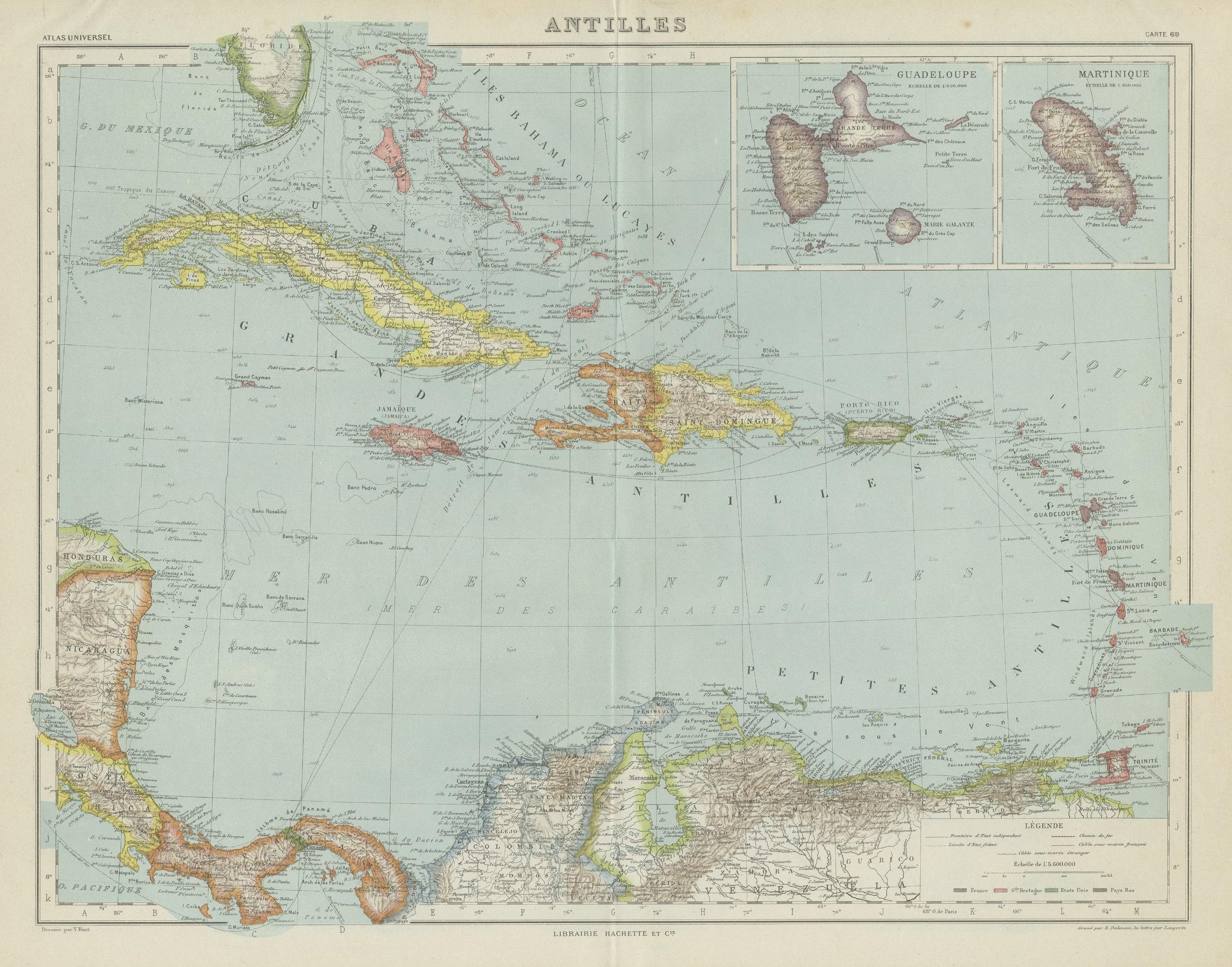 Vintage map titled 'Antilles'. Original map of the Antilles. Shows the Cayman Islands, Cuba, Hispaniola (subdivided into the nations of the Dominican Republic and Haiti), Jamaica, and Puerto Rico. Also shows the Lesser Antilles, a group of islands
