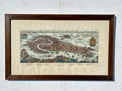Vintage Italian Print Map of Venice in Freijo Wood Frame with Rosettes