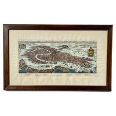 Carte italienne vintage de Venise dans un cadre en bois Freijo avec rosettes