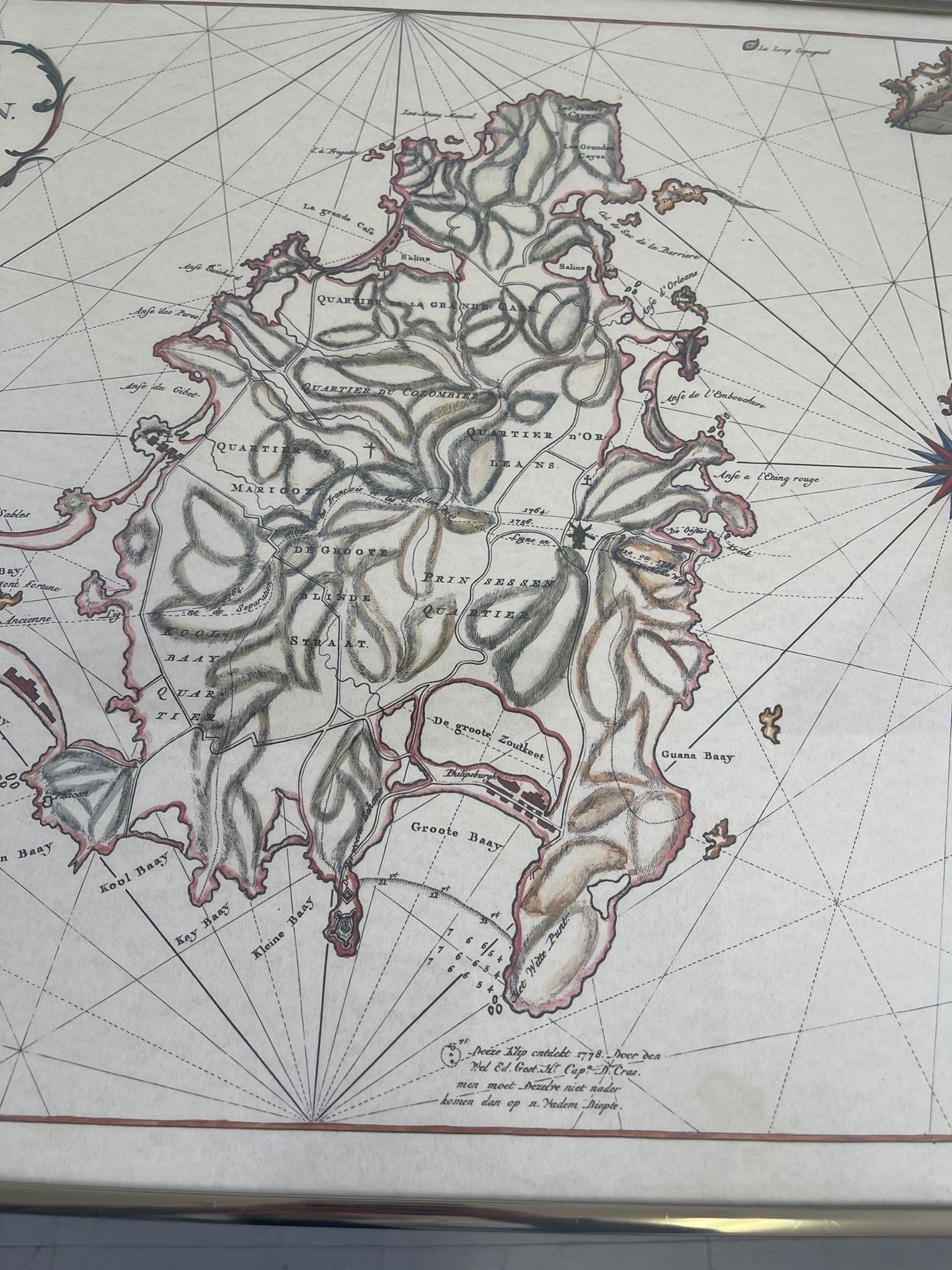Impression d'une carte vintage de l'île de Saint Martin dans la mer des Caraïbes, écrite en néerlandaise. Bon état - En vente à Seattle, WA