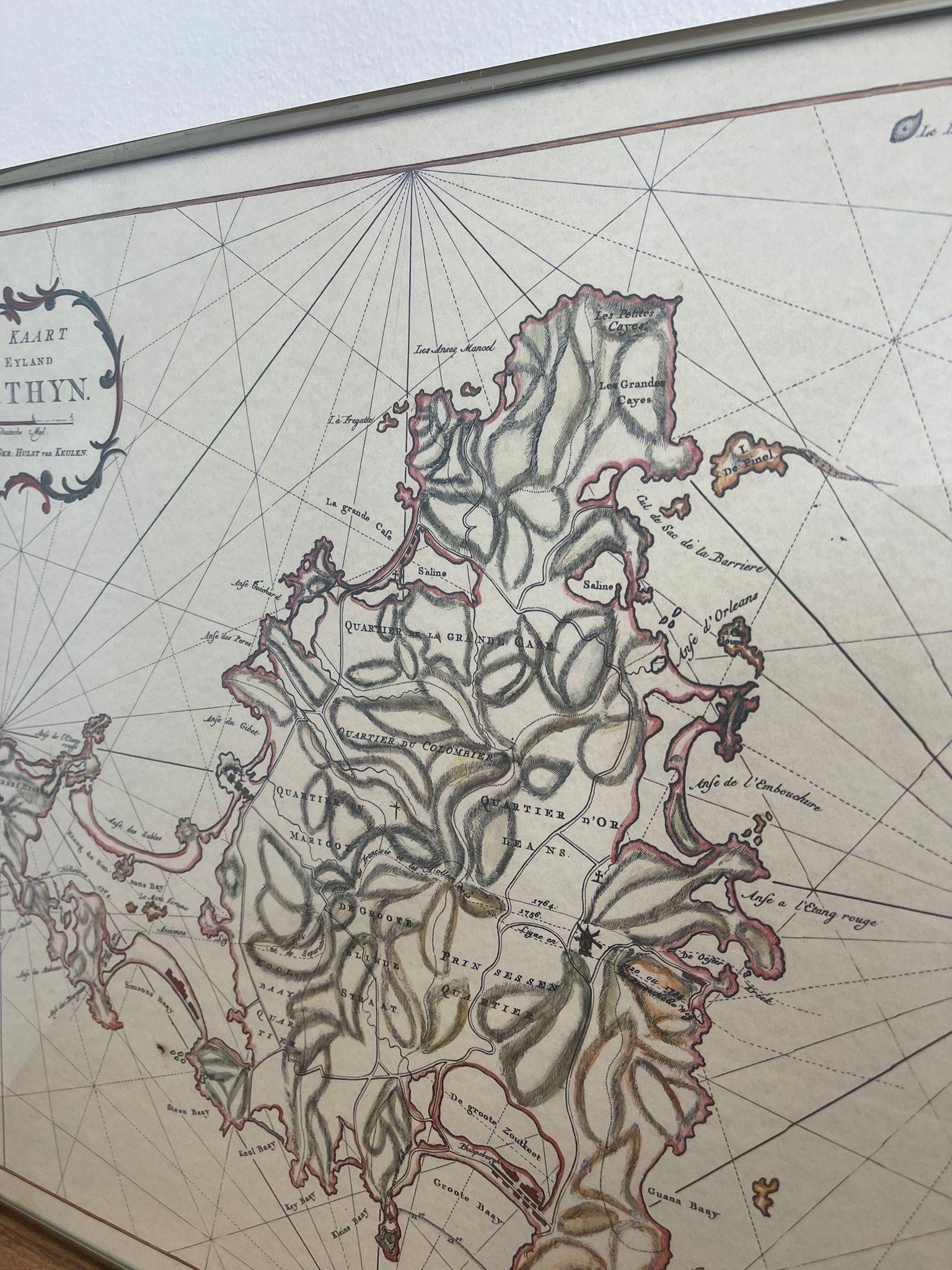Fin du 20e siècle Impression d'une carte vintage de l'île de Saint Martin dans la mer des Caraïbes, écrite en néerlandaise. en vente