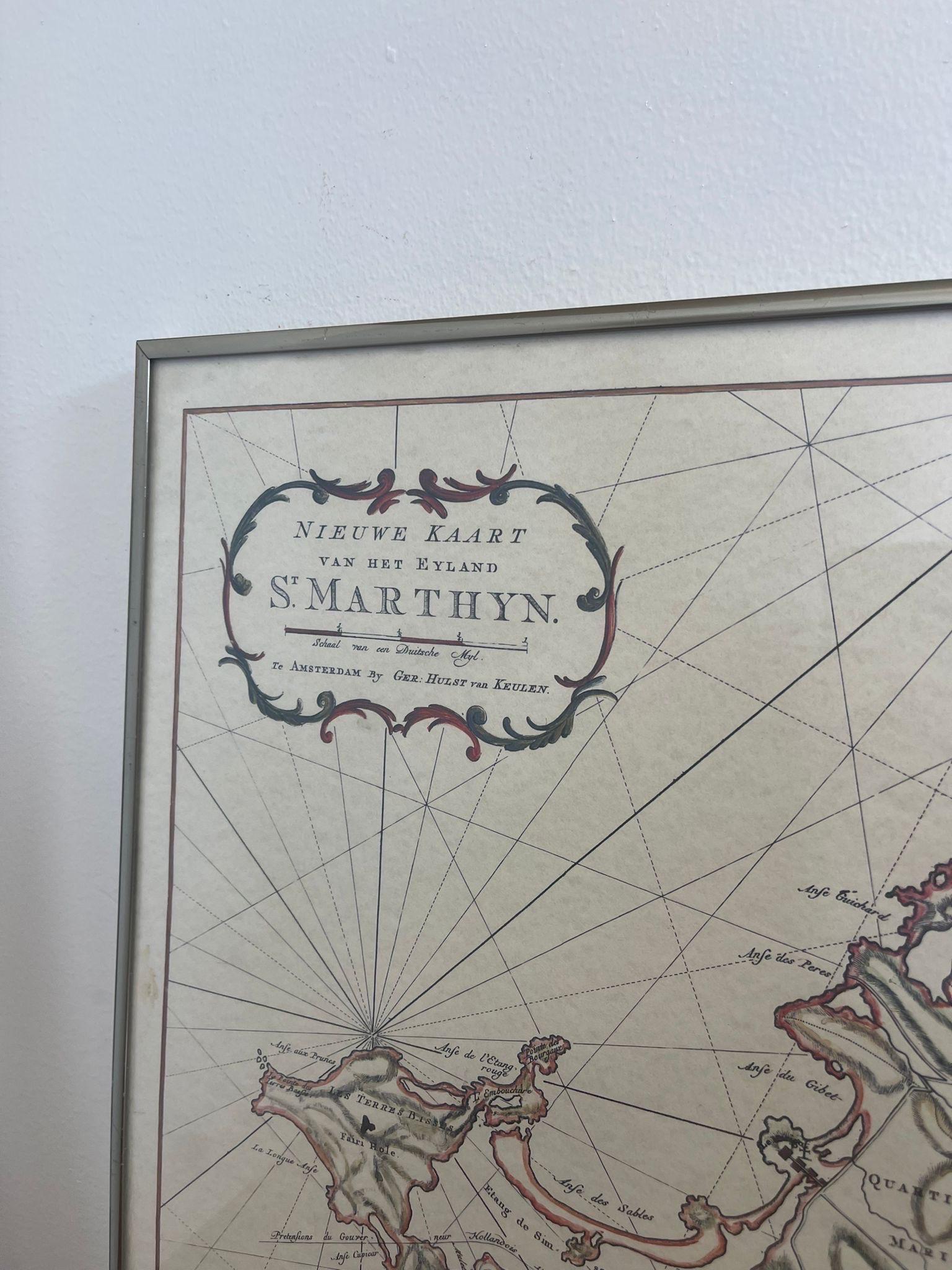 Vintage-Kartendruck der Insel Saint Martin in der Karibik, geschrieben auf Niederländisch. (Metall) im Angebot