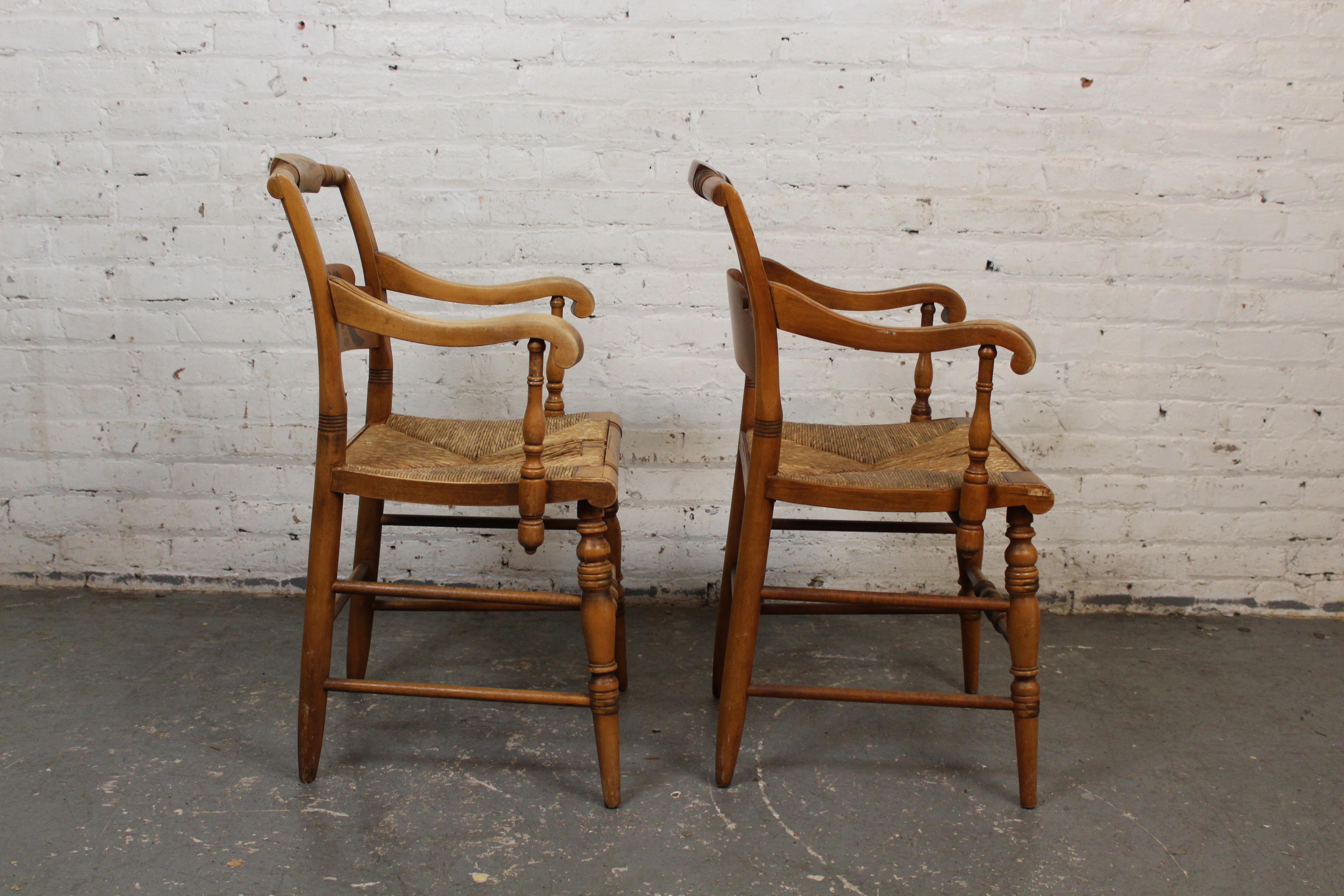 American Colonial Vintage Maple & Rush Harvest Chairs by L. Hitchcock For Sale