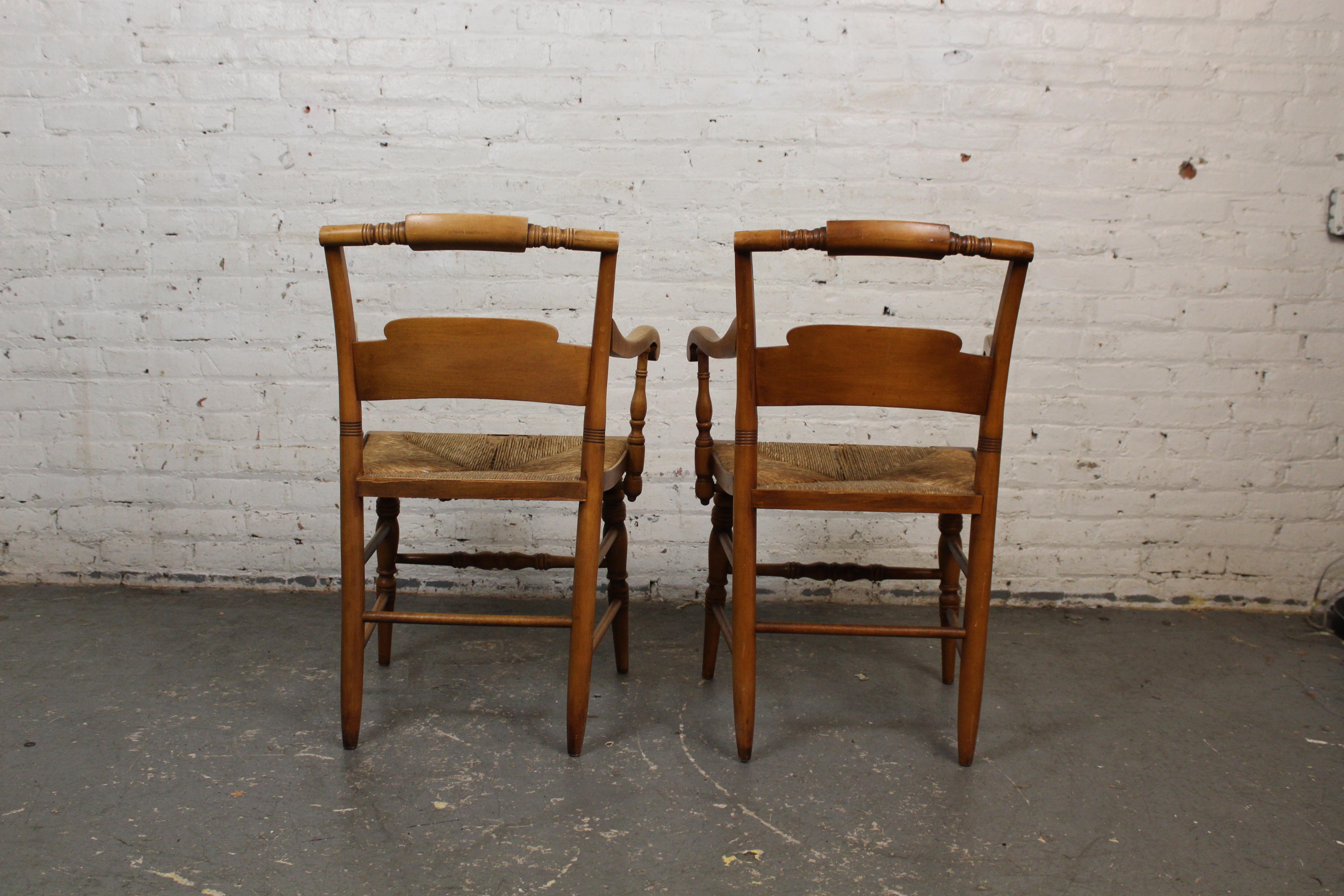Turned Vintage Maple & Rush Harvest Chairs by L. Hitchcock For Sale