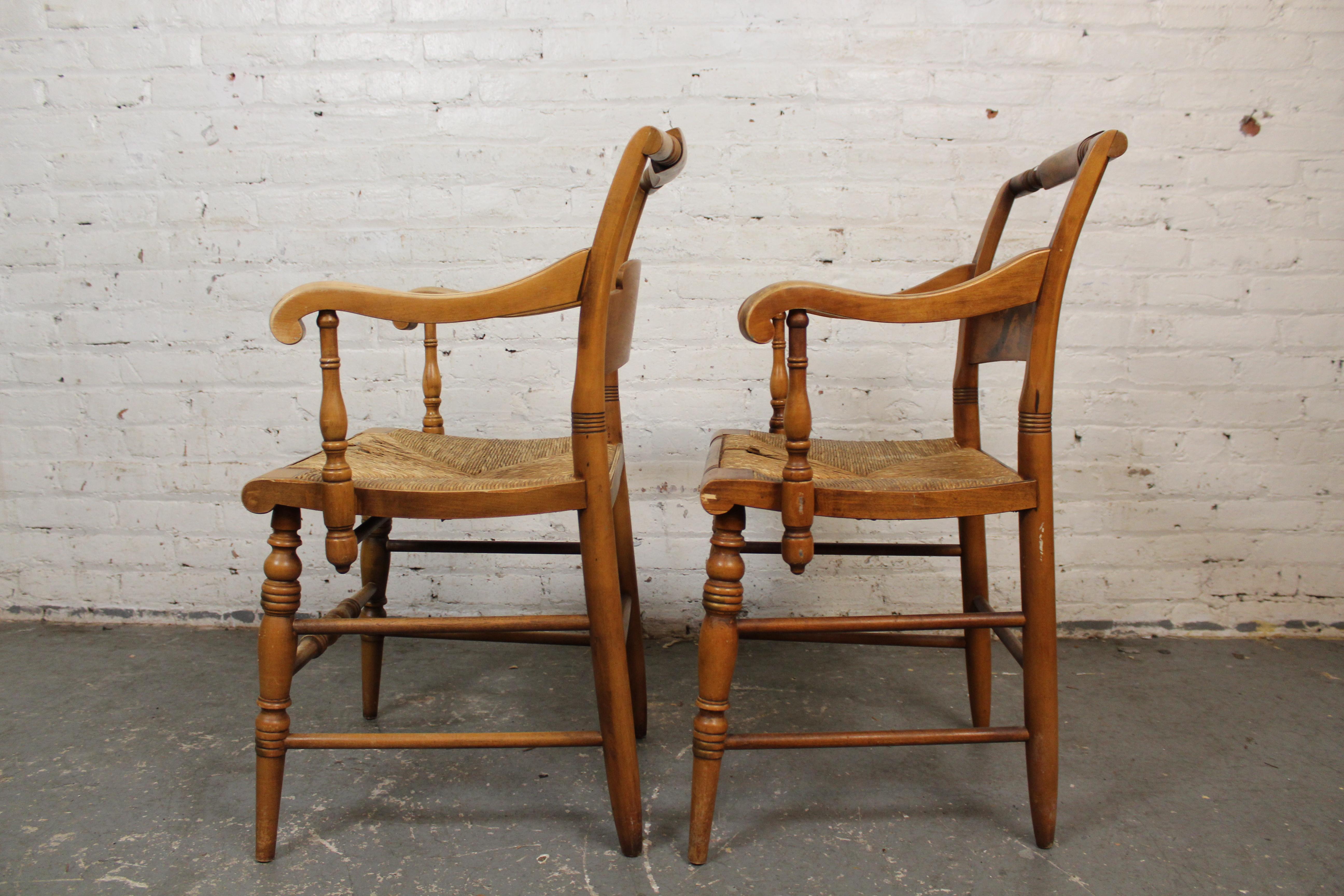 Vintage Maple & Rush Harvest Chairs by L. Hitchcock In Fair Condition For Sale In Brooklyn, NY