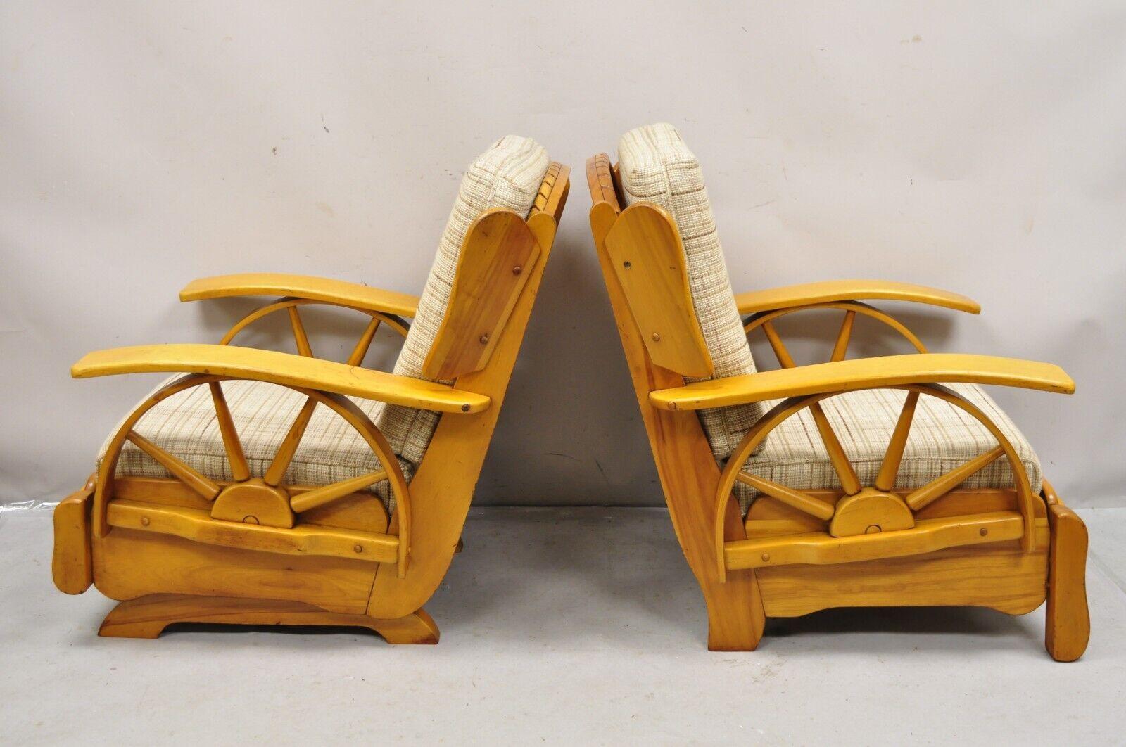 Vintage Maple Wagon Wheel Western Ranch Lounge Chair and Platform Rocker - a Pair. Set featured includes one platform rocker and one stationary lounge chair. Circa 1950s. Measurements: 34.5
